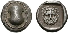 BOIOTIA, Thebes. Circa 440-425 BC. AR Stater (11.89 g). Boiotian shield / Facing bearded head of Herakles, wearing lion's skin headdress; Q-E across lower field; all within square incuse. Head, Boeoti