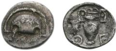 BOIOTIA, Thebes. Circa 425-395 BC. AR Hemiobol (0.36 g). Half Boiotian shield, decorated with club left / Amphora; Q-E-B anticlockwise around from lower left, club upward to left; all within incuse co