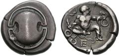 BOIOTIA, Thebes. Circa 425-395 BC. AR Stater (12.01 g). Boiotian shield / The infant Herakles seated facing, head right, strangling two serpents; bow to left, Q-E below; all within circular incuse. My