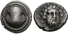 BOIOTIA, Thebes. Circa 405-395 BC. AR Stater (11.91 g). Boiotian shield / Facing head of bearded Dionysos three-quarter face right, wearing ivy wreath; Q-E across lower field; all within concave incus