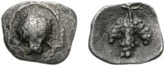 BOIOTIA, Thebes. Circa 405-395 BC. AR Hemiobol (0.30 g). Half Boiotian shield / No ethnic, grape bunch on vine; all within incuse concave circle. Cf. BMC p. 77, 88 (tetartemorion); cf. SNG Cop. 297 (t
