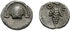 BOIOTIA, Thebes. Circa 405-395 BC. AR Hemiobol (0.50 g). Half Boiotian shield / Grape bunch on vine; Q-E across upper field; all within incuse concave circle. Bérend, Réflexions 34 (this coin); Head, 