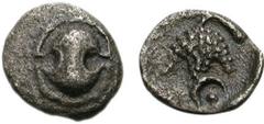 BOIOTIA, Thebes. Circa 405-395 BC. AR Tetartemorion (0.15 g). Boiotian shield / Grape bunch on vine; large Q below on the right; all within incuse concave circle. This variety unpublished in the stand