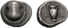 BOIOTIA, Thebes. Circa 395-338 BC. AR Stater (12.02 g). Dio-, magistrate. Struck circa 390-382 BC. Boiotian shield / Amphora; D-IW across field; all within incuse concave circle. Hepworth 30 (illustra