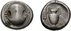 BOIOTIA, Thebes. Circa 395-338 BC. AR Stater (12.22 g). Timi-, magistrate. Struck circa 390-382 BC. Boiotian shield / Amphora; to upper left, club downward; TI-MI across field; all within incuse conca