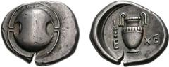 BOIOTIA, Thebes. Circa 395-338 BC. AR Stater (12.16 g). Eche-, magistrate. Struck circa 390-382 BC. Boiotian shield / Amphora; to upper left, club downward; EX-E across field; all within incuse concav