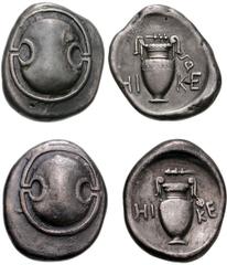 BOIOTIA, Thebes. Circa 395-338 BC. Lot of two AR Staters. Both coins: Hike-, magistrate. Struck circa 390-382 BC. Boiotian shield / Amphora, ivy leaf hanging from right handle; HI-KE across field; all