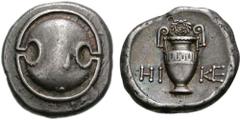 BOIOTIA, Thebes. Circa 395-338 BC. AR Stater (12.19 g). Hike-, magistrate. Struck circa 390-382 BC. Boiotian shield / Amphora; wreath above, HI-KE across field; all within incuse concave circle. Hepwo