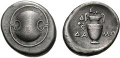 BOIOTIA, Thebes. Circa 395-338 BC. AR Stater (12.24 g). Damo-, magistrate. Struck circa 390-382 BC. Boiotian shield / Amphora, two ivy leaves and berry hanging from left handle; above, club left; DA-M