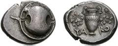 BOIOTIA, Thebes. Circa 395-338 BC. AR Stater (12.22 g). Charo-, magistrate. Struck circa 379-368 BC. Boiotian shield / Amphora; ivy wreaths with berries in upper fields, (archaic X)A-RO across lower f