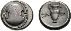 BOIOTIA, Thebes. Circa 395-338 BC. AR Stater (12.07 g). Klio(n)-, magistrate. Struck circa 368-364 BC. Boiotian shield / Amphora; KL-IW across field; all within incuse concave circle. Hepworth 69; Hea