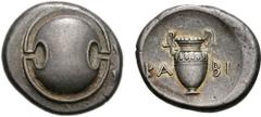 BOIOTIA, Thebes. Circa 395-338 BC. AR Stater (12.30 g). Kabi-, magistrate. Struck circa 368-364 BC. Boiotian shield / Amphora; KA-BI across field; all within incuse concave circle. Hepworth 61 (this c