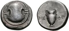 BOIOTIA, Thebes. Circa 395-338 BC. AR Stater (11.93 g). Theop-, magistrate. Struck circa 363-338 BC. Boiotian shield / Amphora; QE-OP across field; all within incuse concave circle. Hepworth 59 (this 