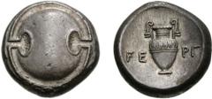 BOIOTIA, Thebes. Circa 395-338 BC. AR Stater (12.15 g). (W)erg-, magistrate. Struck circa 363-338 BC. Boiotian shield / Amphora; FE-RG across field; all within incuse concave circle. Hepworth 40 (this