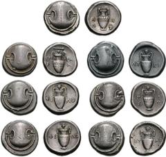 Lot of 7 different Theban AR Staters with Grapes as a symbol. (a) Thebes. Circa 395-338 BC. AR Stater (12.29 g). As lot 561. Hepworth 91. (b) Thebes. Circa 395-338 BC. AR Stater (12.11 g). As lot 566.