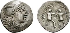 CELTIC, Middle Danube. Uncertain tribe in Pannonia. Late 2nd-early 1st century BC. AR Denarius (3.64 g, 12h). Imitating Roman Republican type. Helmeted head of Roma right; ΛΕΛ behind / Two warriors (o