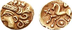 CELTIC, Britain. The Atrebates. Uninscribed. Circa 50-40 BC. AV Quarter Stater (1.25 g, 2h). Diadem type. Head left, wearing diadem with crescent terminal, two curling plaits of hair (ram's horns?) be
