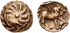 CELTIC, Britain. The Atrebates. Tincomarus. Circa 20 BC-10 AD. AV Quarter Stater (0.82 g). Southern mint. Struck circa 1-10 AD. Spiral with central pellet within circular wreath / Horse right; T above