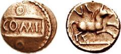 CELTIC, Britain. The Atrebates. Verica. Circa 10-40 AD. AV Quarter Stater (1.14 g, 10h). COMF on tablet, pellet-in-ring above and below / Horse prancing right; VI above. Bean VERC1-2; Hobbs 1179; Van 