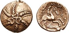 CELTIC, Britain. The Trinovantes. Addedomarus. Circa 40-30 BC. AV Stater (5.47 g). Three crossed open wreaths in spiral, three crescents in center; no pellets in spaces / Celticized horse right; remai