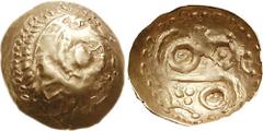 CELTIC, Britain. The Corieltauvi. Uninscribed. Circa 100-50 BC. AV Quarter Stater (1.36 g). Scyphate type. Schematic boar to left, with central pellet / Large S-spiral with two pellets-in-annulets in 