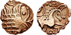CELTIC, Britain. The Iceni. Uninscribed. Circa 45-40 BC. AV Quarter Stater (0.96 g). Irstead Type. Interwoven wreaths forming a central box with ears; pellets and crescents around / Celticized horse r