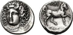 THESSALY, Larissa. Circa 356-342 BC. AR Stater (12.18 g, 12h). Diademed head of the nymph Larissa, with flowing hair, facing slightly left, wearing single-pendant earring and necklace / LARI-SAIWN, mu