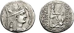 KINGS of ARMENIA. Tigranes II, the Great. 95-56 BC. AR Tetradrachm (15.80 g, 1h). Antioch mint. Draped bust right, wearing tiara with star and eagles; two pellet points on tiara / BASILEWS TIGRANOU, T