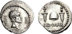 [Roman Imperatorial Issues] BRUTUS. Late Summer-Autumn 42 BC. AR Denarius (3.45 g, 12h). Mint moving with Brutus in northern Greece. L. Plaetorius Cestianus, magistrate. BRVT above, IMP before, L. PLA