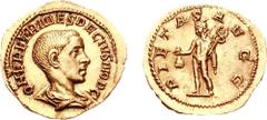 HERENNIUS ETRUSCUS. As Caesar, 250-251 AD. AV Aureus (4.28 g, 7h). Q HER ETR MES DECIVS NOB C, bare-headed and draped bust right / PIETAS AVGG, Mercury standing left, wearing winged petasus, holding p