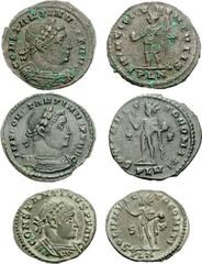 PARTIAL ROMAN BRONZE HOARD. Licinius I - Crispus. Partial hoard of 32 Æ Folles fromthe mints of Londinium (London), Treveri (Trier), and Lugdunum (Lyon). Includes the following: Licinius I (4 coins): 