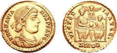 GRATIAN. 367-383 AD. AV Solidus (4.44 g, 6h). Struck 379 AD. Sirmium mint. D N GRATIA-NVS P F AVG, pearl-diademed, draped, and cuirassed bust right, wearing long sideburns / VICTOR-IA AVGG•, Gratian a