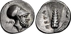 Greek LUCANIA, Metapontion. Circa 340-330 BC. AR Nomos (21mm, 7.84 g, 10h). Head of Leukippos right, wearing Corinthian helmet; AMI to left / Ear of barley with eight grains and leaf to right; META to