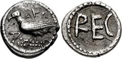 Greek BRUTTIUM and SICILY, Rhegion and Akragas. Joint issue, circa 480-474 or 463/2-462/1 BC. AR Litra(?) (9mm, 0.52 g, 9h). Eagle standing right on basis; AKR-A around; all within dotted border / REC