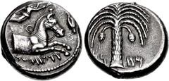 Greek SICILY, Entella. Punic issues. Circa 407-398 BC. AR Tetradrachm (24mm, 17.63 g, 9h). Forepart of horse advancing right; above, Nike flying right, crowning horse with open wreath held in both han