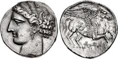 Greek SICILY, Uncertain Punic mint. First Punic War. Circa 264-241 BC. AR 5 Shekels – Dekadrachm (40.5mm, 37.80 g, 1h). Head of Tanit left, wearing wreath of grain ears and single-pendant earring / Pe