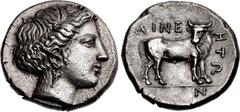 Greek MACEDON, Aineia. Circa 350-330 BC. AR Tetradrachm (24mm, 14.30 g, 10h). Head of nymph right, wearing wreath of reeds and single-pendant earring / Bull standing right, head reverted, on plain gro