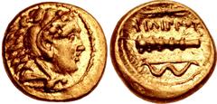 Greek KINGS of MACEDON. temp. Philip II – Alexander III. Circa 340/36-328 BC. AV Quarter Stater (11mm, 2.19 g, 4h). In the name and types of Philip II. Pella mint. Head of Herakles right, wearing lion