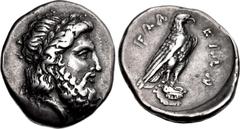Greek ELIS, Olympia. 107th Olympiad. 352 BC. AR Stater (23mm, 11.95 g, 1h). 'Zeus' mint. Head of Zeus right, wearing laurel wreath / Eagle, with closed wings, standing right on Ionic capital; FAΛ-EIΩN