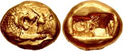 Greek KINGS of LYDIA. Kroisos. Circa 564/53-550/39 BC. AV Stater (15mm, 8.01 g). Light standard. Sardes mint. Confronted foreparts of lion and bull / Two incuse squares. Berk 3; Le Rider, Naissance, p