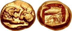 Greek KINGS of LYDIA. Kroisos. Circa 564/53-550/39 BC. AV Twelfth Stater (6mm, 0.67 g). Light standard. Sardes mint. Confronted foreparts of lion and bull / Incuse square. Walberg Group VI; Berk 10–3;
