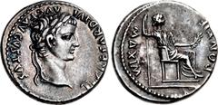 Roman Imperial Tiberius. AD 14-37. AR Denarius (18mm, 3.73 g, 7h). "Tribute Penny" type. Lugdunum (Lyon) mint. Group 1, AD 15-18. TI CΛESΛR DIVI ΛVG F ΛVGVSTVS, laureate head right / PONTIF MΛXIM, Liv