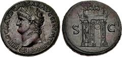 Roman Imperial Nero. AD 54-68. Æ Sestertius (34mm, 27.73 g, 6h). Lugdunum (Lyon) mint. Struck circa AD 65. NERO • CLAVD • CAESAR • AVG • GER • P • M • TR • P • IMP • P • P, laureate head left, globe a