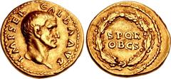 Roman Imperial Galba. AD 68-69. AV Aureus (19mm, 7.32 g, 6h). Rome mint. Struck circa July AD 68-January AD 69. IMP SER GALBA AVG, bare head right / S P Q R/ OB C S in two lines within oak wreath. RIC