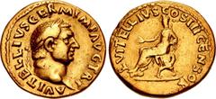 Roman Imperial Vitellius. AD 69. AV Aureus (20mm, 7.12 g, 6h). Rome mint. Struck circa late April–20 December. A VITELLIVS GERM IMP ΛVG TR P, laureate head right / L VITELLIVS COS III CENSOR, L. Vitel