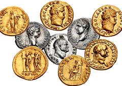 Roman Imperial A Flavian Era Hoard of Aurei and Denarii. Lot of forty-six (46) coins. Lot consists of eleven gold aurei and thirty-five silver denarii discovered at Agen, France. While the exact circu