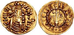 Early Medieval & Islamic MEROVINGIANS, Royal. Childeric II. 673-675. AV Tremissis (16.5mm, 1.30 g, 1h). Masilie (Marseille) mint. CHILDER (triple pellets) IC(quadrate O)S REX, diademed and draped bust