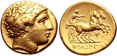 Greek KINGS of MACEDON. temp. Philip II – Alexander III. Circa 340/36-328 BC. AV Stater (17.5mm, 8.47 g, 10h). In the name and types of Philip II. Pella mint. Head of Apollo right, wearing laurel wrea