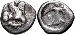 Greek ELIS, Olympia. 83rd-85th Olympiad. 448-440 BC. AR Stater (21mm, 10.99 g, 7h). Eagle flying right, grasping hare with talons and beak / Nike advancing left, holding wreath, within incuse circle. 