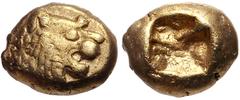 Greek KINGS of LYDIA. temp. Alyattes – Kroisos. Circa 620/10-550/39 BC. EL Hemihekte – Twelfth Stater (7.5mm, 1.15 g). Sardes mint. Head of roaring lion right, "sun" with no rays on forehead / Square 